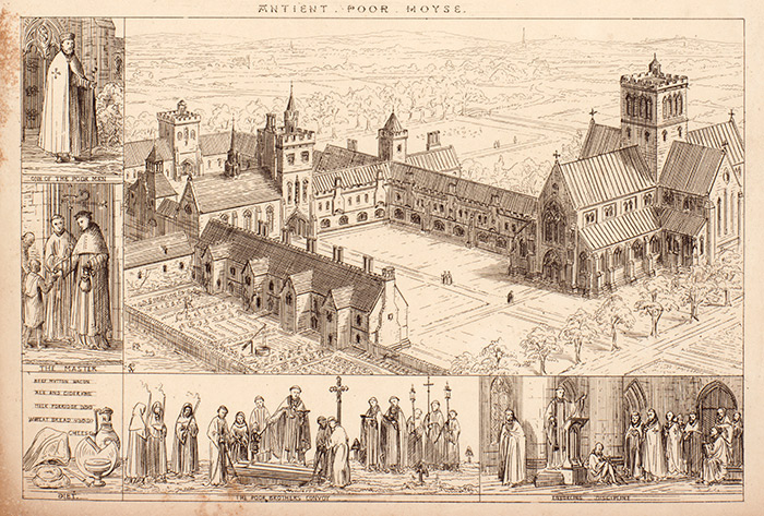 The Ancient Poor House, as depicted by Pugin, was a magnificent almshouse built around a courtyard with an impressive church anchoring the whole complex. Paupers were treated with dignity, receiving clothing and a substantial meal of beef, mutton, bacon, ale and cider, milk and porridge, and bread and cheese. Detail from Pugin’s “Contrasted Residences for the Poor: Modern Poor House; Ancient Poor House.” The Huntington Library, Art Collections, and Botanical Gardens.