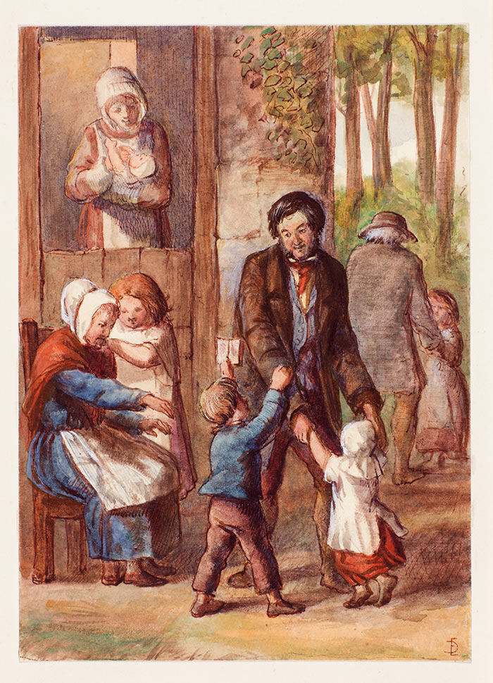 This watercolor emphasizes what many destitute parents faced in the mid-19th century—having to bring their children with them into the workhouses to provide for the family. Edward Gurden Dalziel (British, 1817–1905), Children are the Poor Man’s Riches, ca. 1855, watercolor, gouache, and pen and ink over traces of graphite on paper, 7 x 5 in. (17.8 x 12.7 cm.). The Huntington Library, Art Collections, and Botanical Gardens.