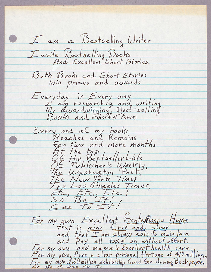A page of Butler’s motivational notes, ca. 1975. The Huntington Library, Art Collections, and Botanical Gardens. Copyright Estate of Octavia E. Butler.