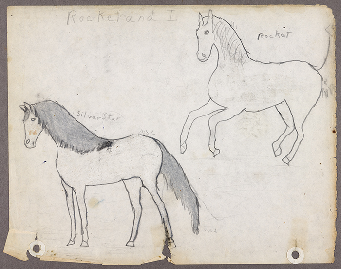 “Silver Star and Rocket,” ca. 1958. This drawing of the equine heroine Silver Star and her friend Rocket is from one of Octavia Butler’s earliest stories. The Huntington Library, Art Collections, and Botanical Gardens. Copyright Estate of Octavia E. Butler.