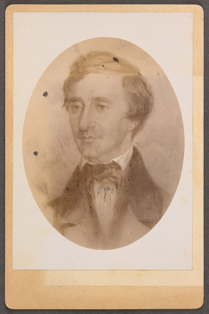 Shortly after the publication of Walden in 1854, Samuel Worcester Rowse, an artist famous for his fashionably sentimental portraits, sketched this portrait of Henry David Thoreau (1817–1862). Prudence Ward, who sent this reproduction to Anne J. Ward, was a permanent boarder in the Thoreau household. Correspondence of Prudence Ward and Anne J. Ward, 1839–1906. The Huntington Library, Art Collections, and Botanical Gardens.