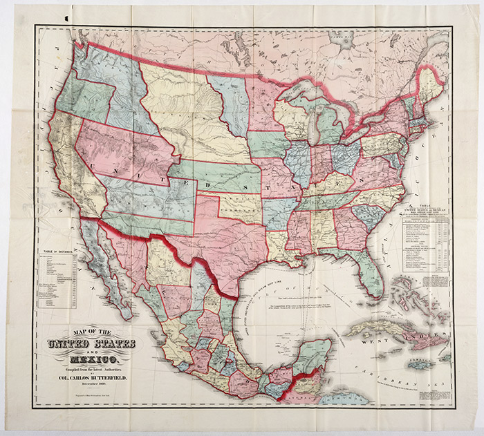 This popular map shows that the United States had already grown to its present continental borders by 1860, though many of the western states had yet to be created. Map of the United States and Mexico, compiled from the latest authorities, by Col. Carlos Butterfield. Publisher: Julies Bien (1826–1909), New York, December 1860. The Huntington Library, Art Collections, and Botanical Gardens.