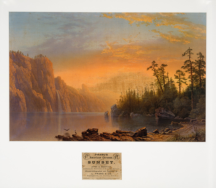 The west of the imagination: “Every sunset which I witness inspires me with the desire to go to a west as distant and as fair as that into which the Sun goes down,” wrote Thoreau. Sunset over California, as envisioned in 1868 by Albert Bierstadt, America’s premier painter of the West. A lithograph reproduction of Sunset (California scenery) by Albert Bierstadt (1830–1902), from Prang’s American chromos, L. Prang & Co., Boston (Mass.), 1868, Jay T. Last Collection of Graphic Arts and Social History. The Huntington Library, Art Collections, and Botanical Gardens.