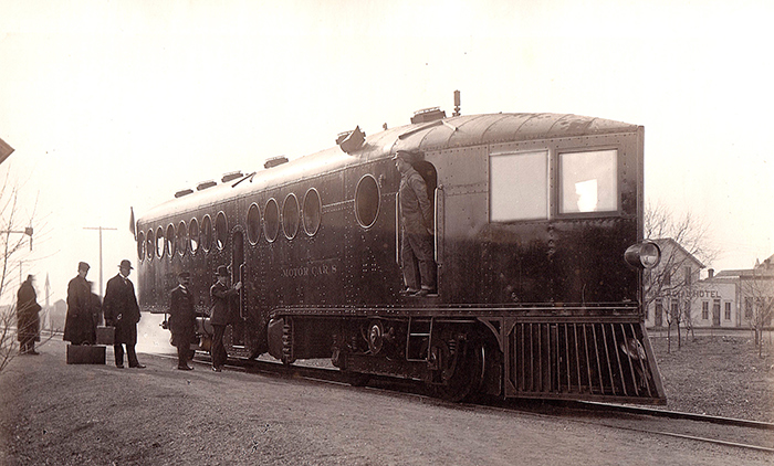 McKeen Motor Car, 1906. The sleek McKeen motor car, a gasoline-powered railway vehicle with innovative porthole windows and an aerodynamic “wind-splitter” front end, was the brainchild of engineer William R. McKeen Jr. (1869–1946). Unidentified photographer. The Huntington Library, Art Collections, and Botanical Gardens.