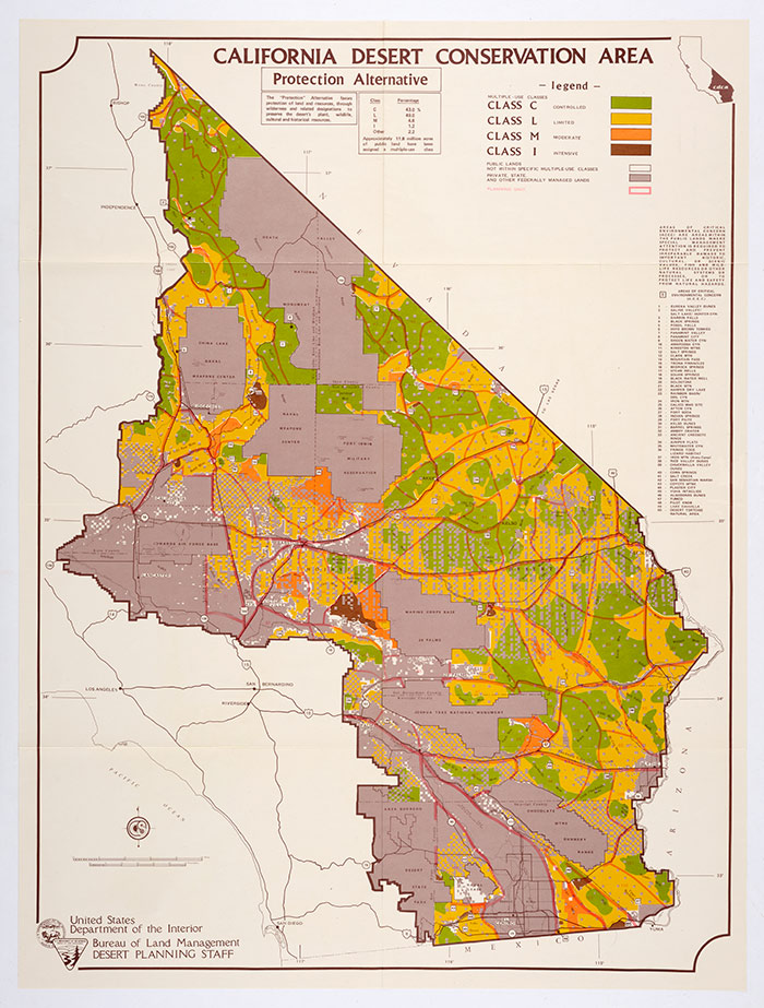 The Protection Alternative in the Bureau of Land Management’s 1980 draft environmental impact statement for the California Desert Conservation Area favors “controlled use” areas—in green—that maximize protection of landscape and wildlife and minimize human impacts. The Huntington Library, Art Collections, and Botanical Gardens.