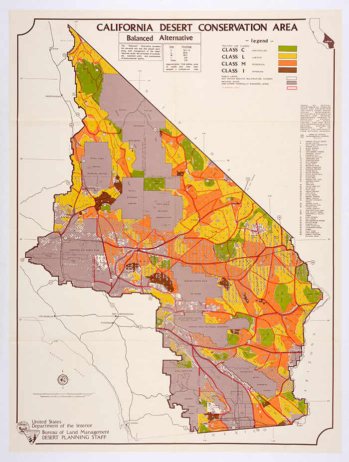 Under the Balanced Alternative, greens recede, making room for yellow and orange “limited use” and “moderate use” areas. In this version, such human activities as motorized recreation and livestock grazing spread through much of the desert. The Huntington Library, Art Collections, and Botanical Gardens.