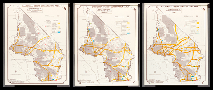These three maps in the Bureau of Land Management’s 1980 draft environmental impact statement for the California Desert Conservation Area show the consequences of each plan for energy production and transmission.