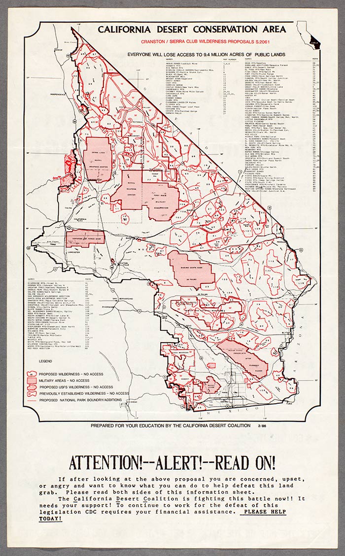 The California Desert Coalition opposed greater restrictions on desert use in the late 1980s. The Coalition's map highlights the number and the extent of potential federal landholdings. By including military installations and already-existing parks and wilderness, the map depicts a desert overwhelmingly under federal control. The Huntington Library, Art Collections, and Botanical Gardens.