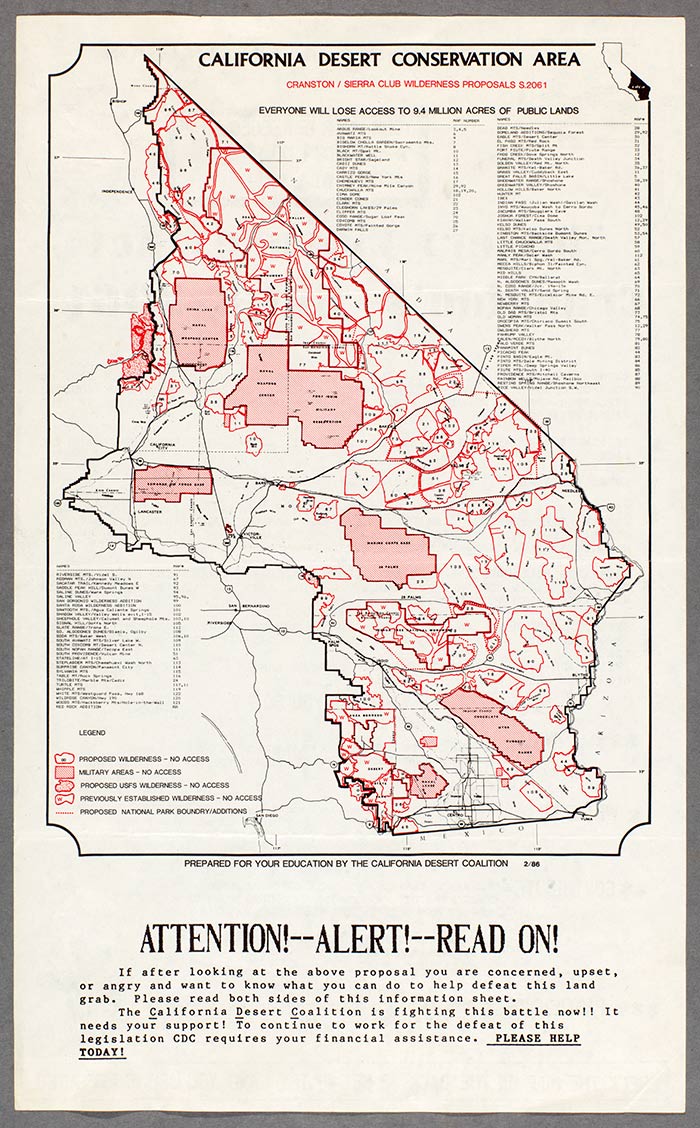 The California Desert Coalition opposed greater restrictions on desert use in the late 1980s. The Coalition's map highlights the number and the extent of potential federal landholdings. By including military installations and already-existing parks and wilderness, the map depicts a desert overwhelmingly under federal control. The Huntington Library, Art Collections, and Botanical Gardens.