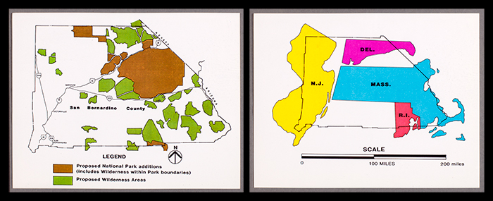 Testifying in the late 1980s against expanded protection for the California Desert Conservation Area, a San Bernardino County supervisor offered stark illustrations of the relative size of the county and the acreage under consideration within it. The Huntington Library, Art Collections, and Botanical Gardens.