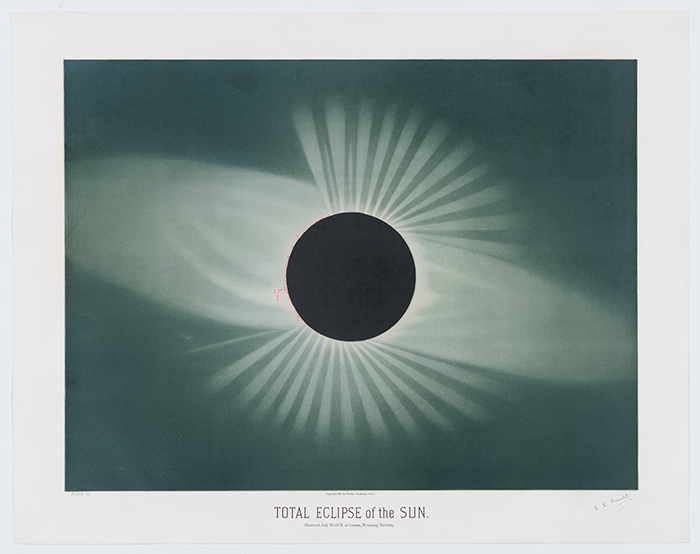 Étienne Trouvelot’s chromolithograph of the 1878 total solar eclipse that he observed in Creston, Wyoming Territory. The August 21, 2017, total solar eclipse will pass through Wyoming again. Jay T. Last Collection of Graphic Arts and Social History. The Huntington Library, Art Collections, and Botanical Gardens.