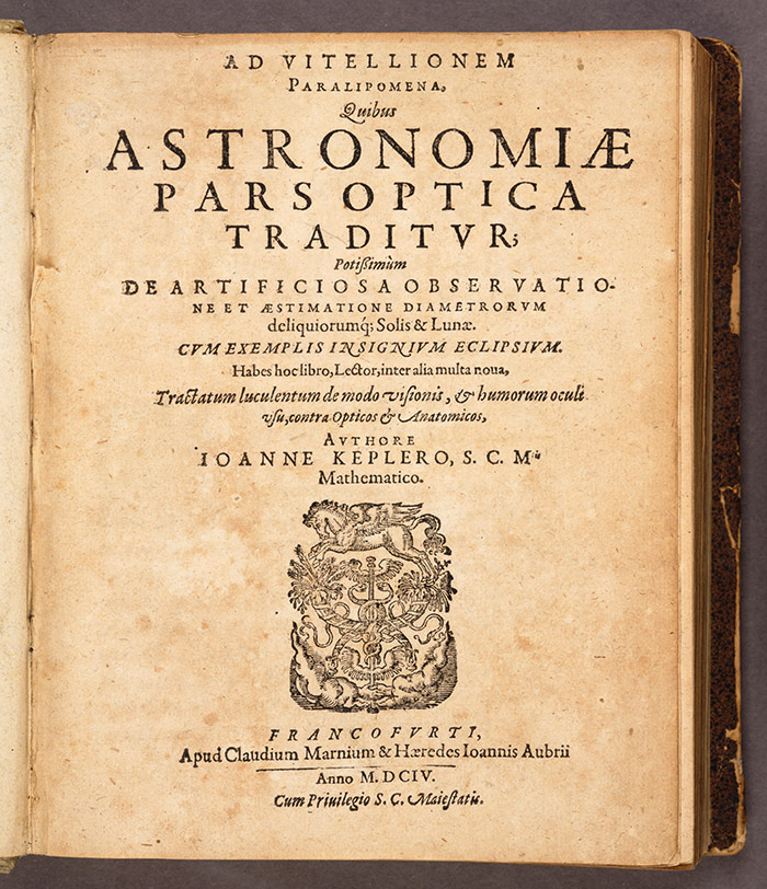 The title page of Ad Vitellionem paralipomena quibus astronomiae pars optica traditvr, 1604, by the German astronomer Johannes Kepler (1571–1630). In this book, better known as Kepler’s Optics, Kepler commented on the sun’s corona during a solar eclipse. He erroneously believed it to be the atmosphere of the moon. The Huntington Library, Art Collections, and Botanical Gardens.