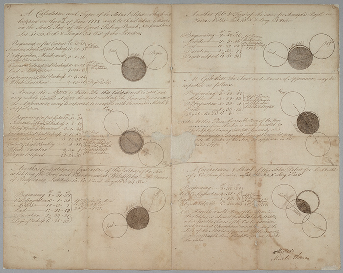 Thomas Cowper’s calculations and drawings of a solar eclipse, as observed in England, Nova Scotia, Pennsylvania, and Newfoundland on June 24, 1778. The Huntington Library, Art Collections, and Botanical Gardens.