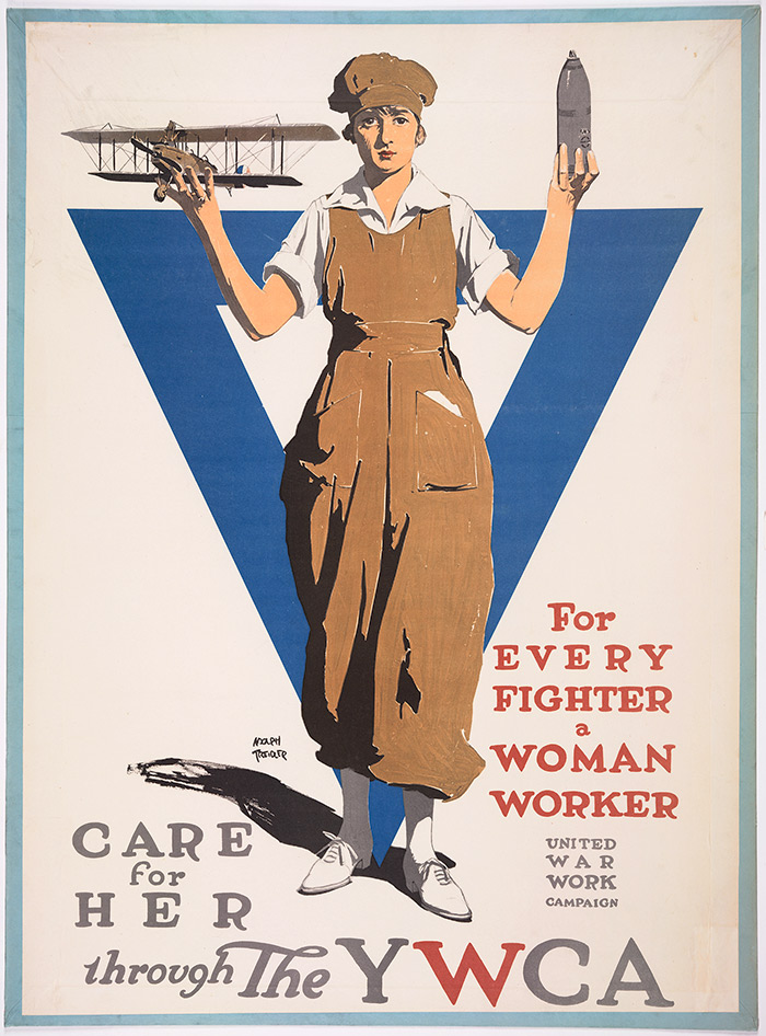 A World War I-era poster, ca. 1918, promoted the YWCA’s role in supporting women involved in war efforts.