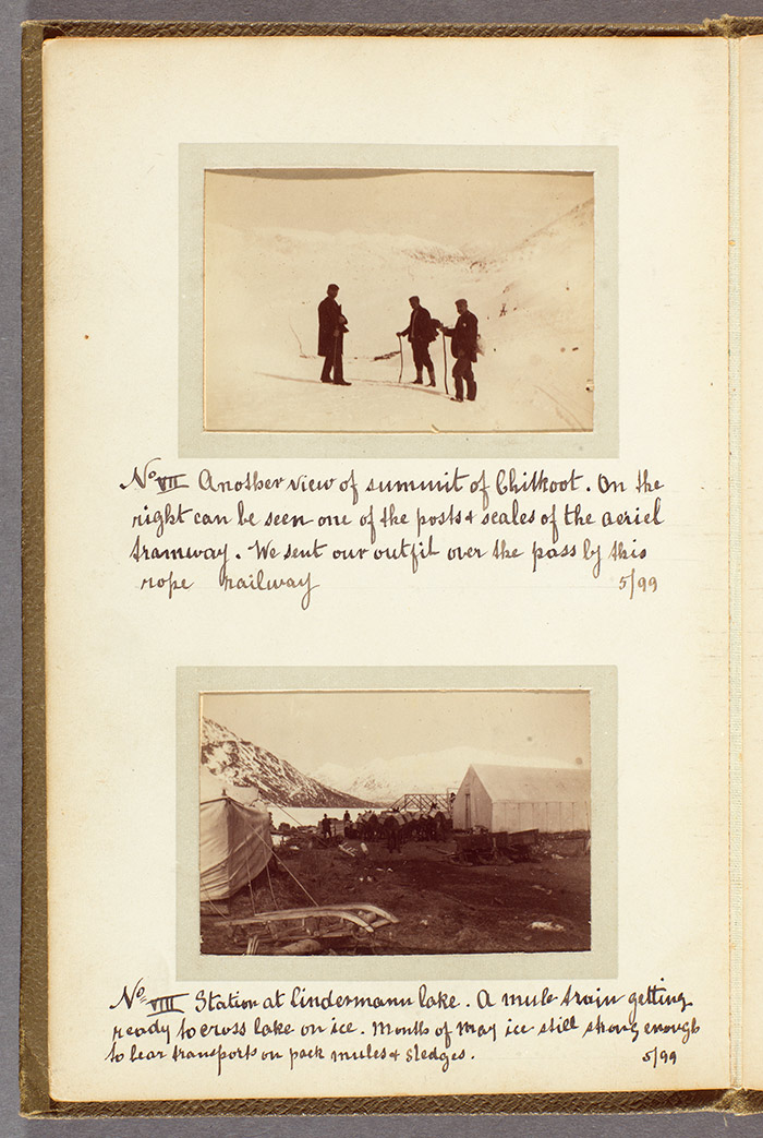 A page from Alfred and Charles O’Meara’s photograph album showing the men on the summit of the hazardous Chilkoot Pass and at Lake Lindeman, May 1899. Stampeders tackled the pass by climbing the so-called “golden staircase,” 1,500 steps carved into the snow and ice. At the end of the pass was Lake Lindeman, near the headwaters of the Yukon River. Unidentified photographer. The Huntington Library, Art Collections, and Botanical Gardens.