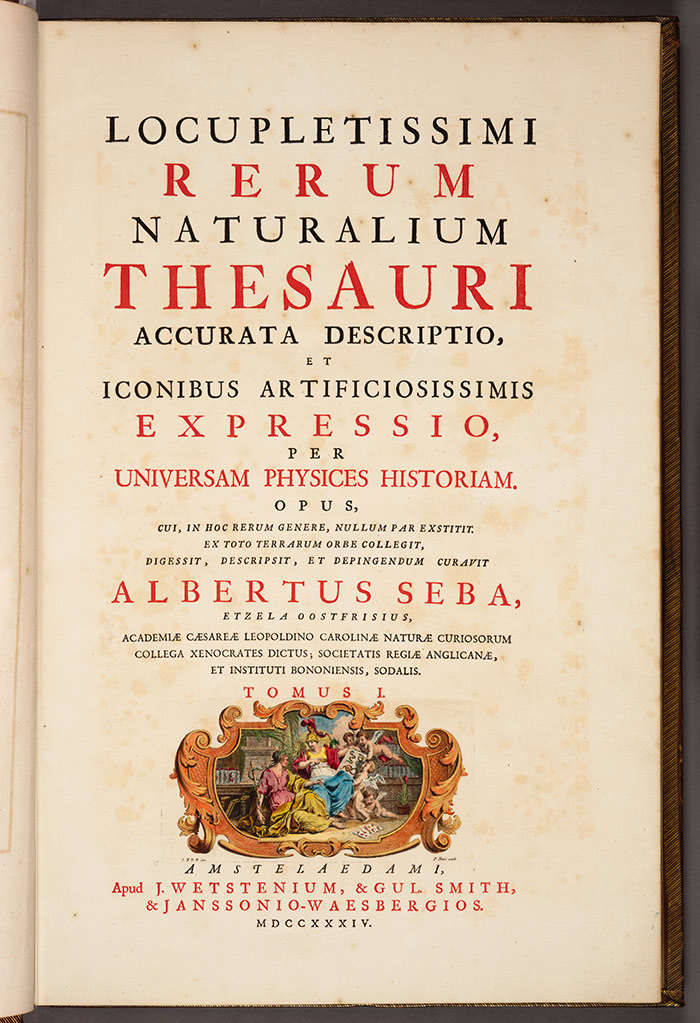 Albertus Seba, Locupletissimi rerum naturalium thesauri accurata descriptio (Accurate description of the wealthiest treasure of natural things), Amsterdam, 1734–65, Vol. I, part 1, second title page. The Huntington Library, Art Collections, and Botanical Gardens.