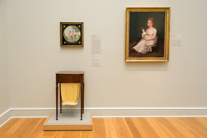 Bottom left: Lady’s Work Table, ca. 1810. Unknown maker, American. Mahogany, mahogany veneer, and Eastern White pine, with silk sewing bag (recent replacement), 30 1/4 x 18 3/4 x 14 1/2 in. (76.8 x 47.6 x 36.8 cm.) Gift of Dr. Arthur Bond Cecil and Mrs. Henrietta Smith Cecil.The Huntington Library, Art Collections, and Botanical Gardens. Photo by Kate Lain.