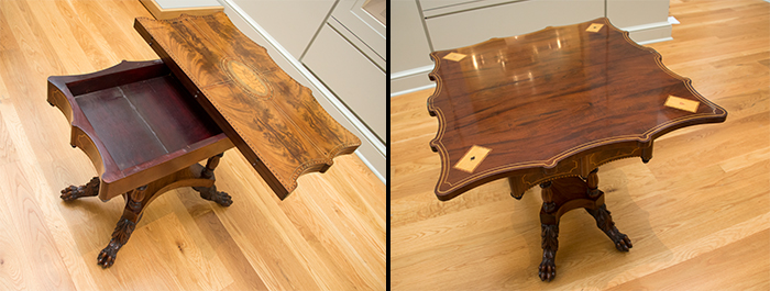 Left: The surface of Card Table has a wavy design that matches the seascape that hangs above it in the gallery. Right: The fully opened Card Table reveals inlaid satinwood playing cards in each corner. Card Table, mid 19th Century. Unknown maker, American. Mahogany with satinwood and holly inlay. The Huntington Library, Art Collections, and Botanical Gardens. Photos by Kate Lain.