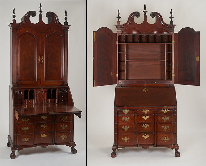 Left: the desk. Right: the bookcase. Desk and Bookcase, 1765–1775. Unknown maker, American. Mahogany. Gail–Oxford Collection. The Huntington Library, Art Collections, and Botanical Gardens.