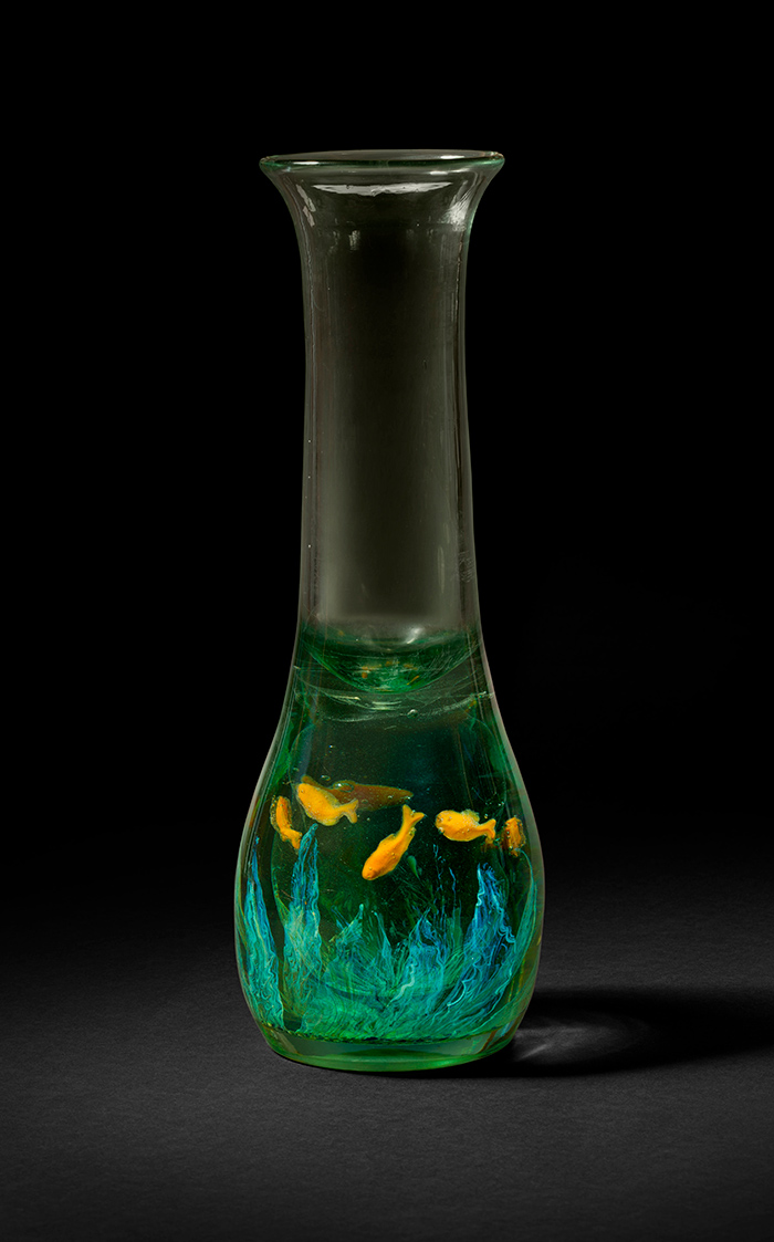Tiffany Studios, Aquamarine Vase, Favrile glass, 17 1/8 × 6 in. Collection of Stanley and Dolores Sirott, © David Schlegel, courtesy of Paul Doros. Image courtesy of The Huntington Library, Art Collections, and Botanical Gardens.