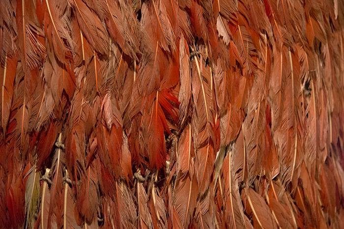 Layers of brightly colored feathers were also used to make hoods, and arm and leg bands.