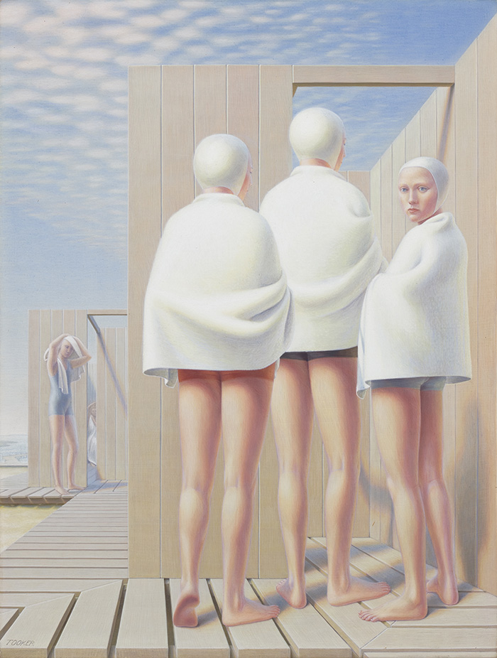 George Tooker (1920–2011), Bathers (Bath Houses), 1950, egg tempera on gessoed board, 20 3/8 x 15 3/8 in. The Huntington Library, Art Collections, and Botanical Gardens. Copyright Estate of George Tooker, Courtesy of DC Moore Gallery, New York.