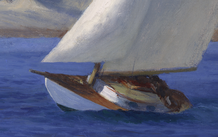 No one can be seen enjoying the fine weather, not even on the boat itself. Edward Hopper (1882–1967), detail from The Long Leg, ca. 1930, oil on canvas. Gift of the Virginia Steele Scott Foundation. The Huntington Library, Art Collections, and Botanical Gardens.