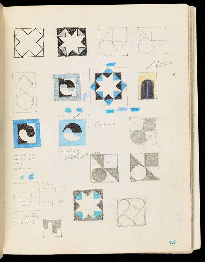 Frederick Hammersley (1919–2009), Study for Seedling, #4 1967, Page 20 of Notebook #3, Bound fabric-covered sketchbook with graphite and ink, 8 1/16 x 6 1/2 in. Getty Research Institute. Copyright Frederick Hammersley Foundation.