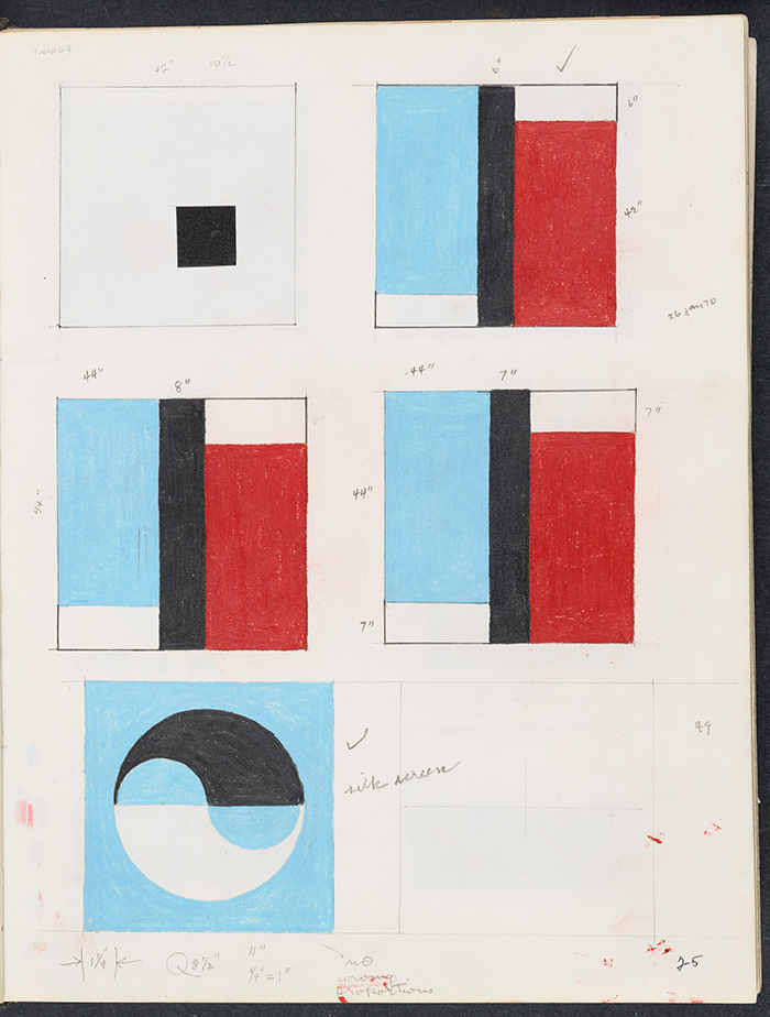 Frederick Hammersley (1919–2009), Studies for Adam & Eve, #2 1970, and Seedling, #4 1967, Page 25 of Composition Book, Sketchbook with graphite and colored pencil, 10 7/8 x 8 1/4 in., Getty Research Institute. Copyright Frederick Hammersley Foundation.