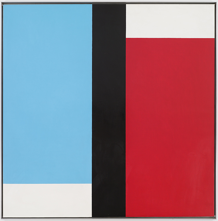 Frederick Hammersley (1919–2009), Adam & Eve, #2 1970, Oil on linen on Masonite, 44 x 44 in., Collection Palm Springs Art Museum, Gift of L.J. Cella and museum purchase with funds derived from deaccession funds. Copyright Frederick Hammersley Foundation.