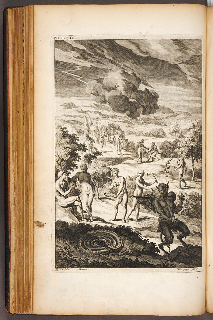 This illustration of the temptation of Adam and Eve, by John Baptist Medina (1659–1710), goes with Book IX in the first illustrated version of Paradise Lost, the 1688 edition. The Huntington Library, Art Collections, and Botanical Gardens.