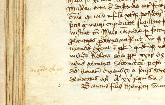 In the margin, a small, dark letter "e" floats next to the text, underneath a faded marginal annotation. This letter acts a guide for the artist, who would come through to fill in the spaces left for initial letters (in this case, to complete the name "Ebraucus"), but this work has not been finished in this manuscript. The Huntington Library, Art Collections, and Botanical Gardens.