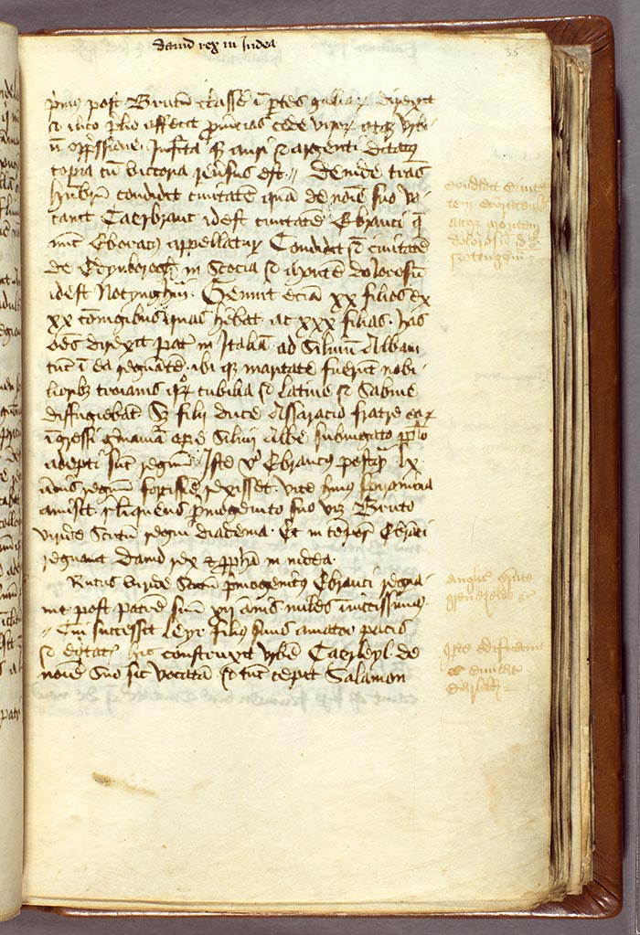 Faint annotations in the right margin, on a page that gives an account of some of the early descendants of Brutus, the legendary founder of England. In the top margin, a note records that King David was the king in Judea at this time—a detail that appears in the main body of the text about three-quarters of the way down the page. The Huntington Library, Art Collections, and Botanical Gardens.