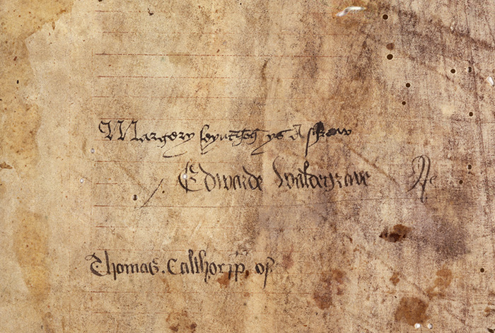 In the center of one flyleaf, someone has put quill to parchment and written: “Margery seynt John ys a shrew” (“Margery St. John is a shrew”). The Huntington Library, Art Collections, and Botanical Gardens.