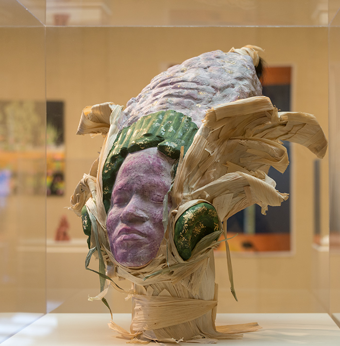 Luis Mateo, Hijo de Maíz, plaster sculpture, corn husk with human hair, 2017. The Mayan god of maize inspired this sculpture. Photo by Kate Lain.