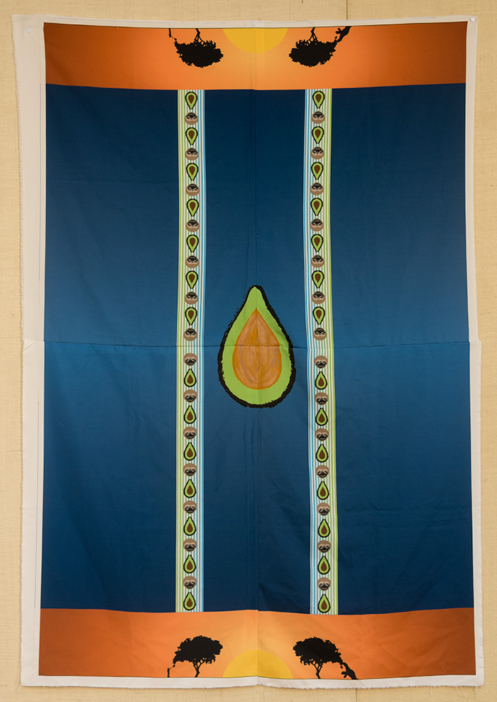 Alfredo Alvarado, Avocado Guayabera, printed fabric, 2017. Courtesy of ArtworxLA Fashion Design 2017 Workshop. Alvarado recalled picking avocados with his grandmother and used the fruit as a motif in this textile piece. Photo by Kate Lain.