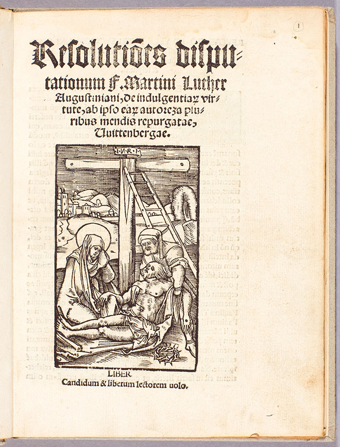 The title page of Disputatio pro declaration virtutis indulgentiarum (Disputation on the Power of Indulgences) by Martin Luther (1483–1546)