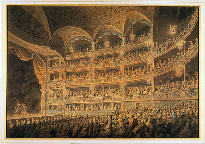 Edward Dayes (British, 1763–1804), Drury Lane Theatre, 1795, 15 x 22 in. (38.1 x 55.9 cm.), pen and watercolor. Gilbert Davis Collection. The Huntington Library, Art Collections, and Botanical Gardens.