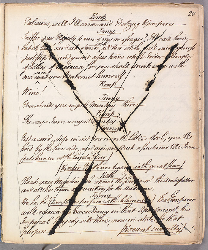 A censored page of John O’Keeffe’s Jenny’s Whim; or, The Roasted Emperor, 1794. Larpent Collection. The Huntington Library, Art Collections, and Botanical Gardens.