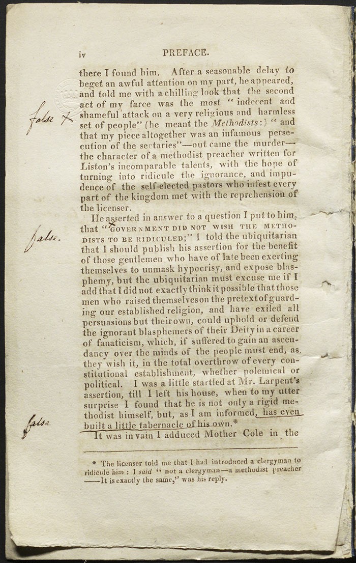 Playwrights occasionally protested their outrage at censorship. In this extract from the preface to Killing No Murder (1809), Theodore Hook insists he had no intention of maligning Methodists in his play. The preface is annotated by an equally irate John Larpent, marking up the falsehoods in Hook’s account of their meetings. Larpent Collection. The Huntington Library, Art Collections, and Botanical Gardens.