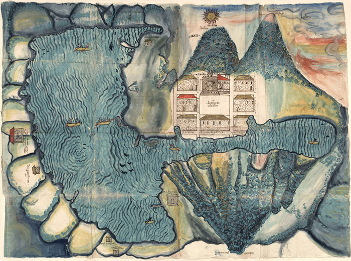 Unknown artist, Relación geográfica map of Santiago Atitlán, 1585, ink and watercolor on paper, 24 3/16 x 31 7/8 in. (61.5 x 81 cm.), Joaquín García Icazbalceta Manuscript Collection, Nettie Lee Benson Latin American Collection, The University of Texas at Austin, JG xx-10.