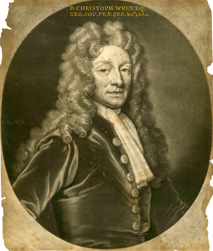 Mezzotint by John Smith of English architect and scientist Christopher Wren (1632–1723) by John Smith, after the portrait by Godfrey Kneller. The ragged edges indicate where the portrait had been taken out of the frame; the verso has acid wood marks. Image courtesy of the Royal Society, London.