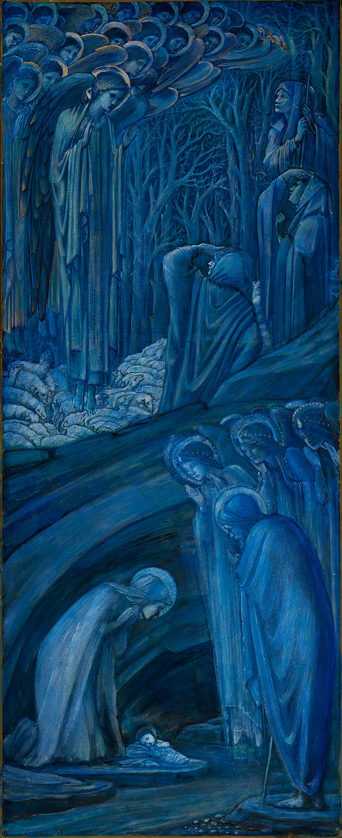 Edward Coley Burne-Jones (1833–1898), The Nativity, watercolor and bodycolor, heightened with gold, on two joined sheets of paper, 56 3⁄4 x 231⁄8 in. (144.1 x 58.7 cm.). The Huntington Library, Art Collections, and Botanical Gardens.