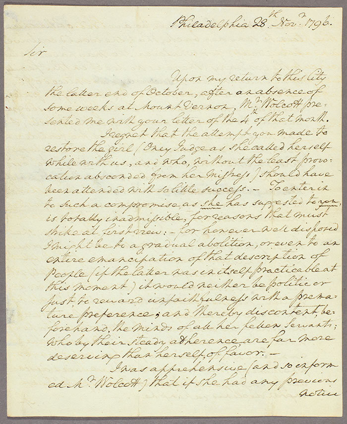 George Washington’s letter to Joseph Whipple regarding the runaway slave Ona Maria Judge, Nov. 28, 1796.