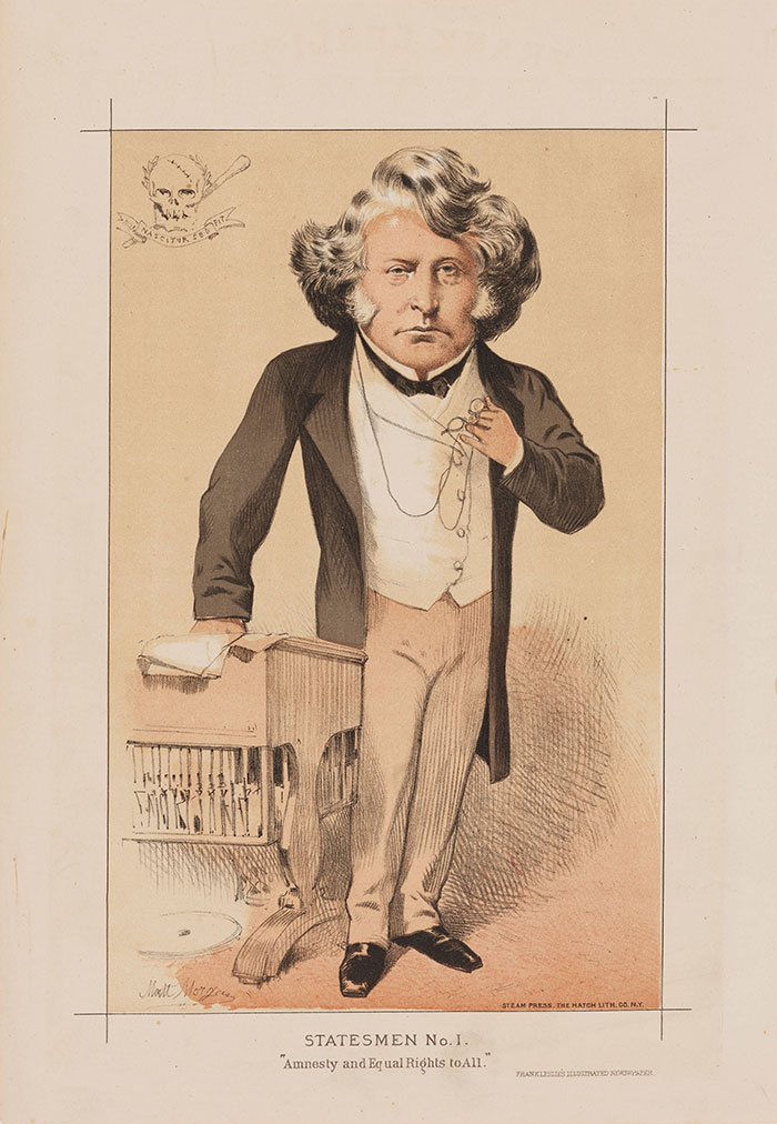 A caricature of the Massachusetts senator Charles Sumner (1811–1874), titled Statesmen No. 1. “Amnesty and equal rights to all.”
