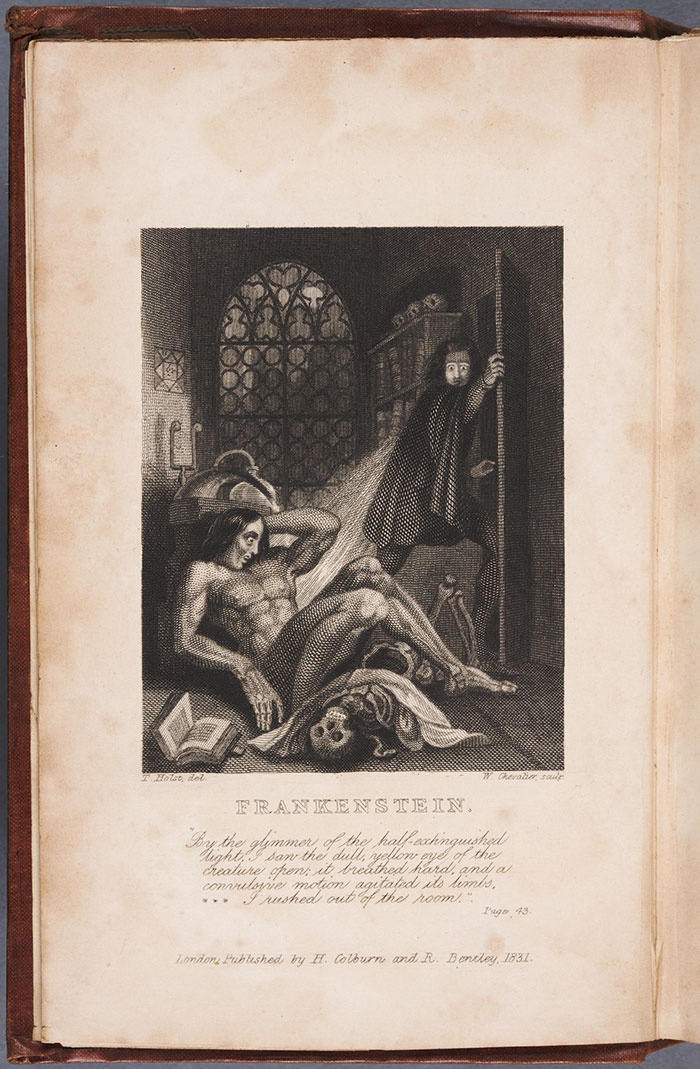 Frontispiece from the 1831 third edition of Mary Wollstonecraft Shelley’s gothic novel Frankenstein: or, the Modern Prometheus.