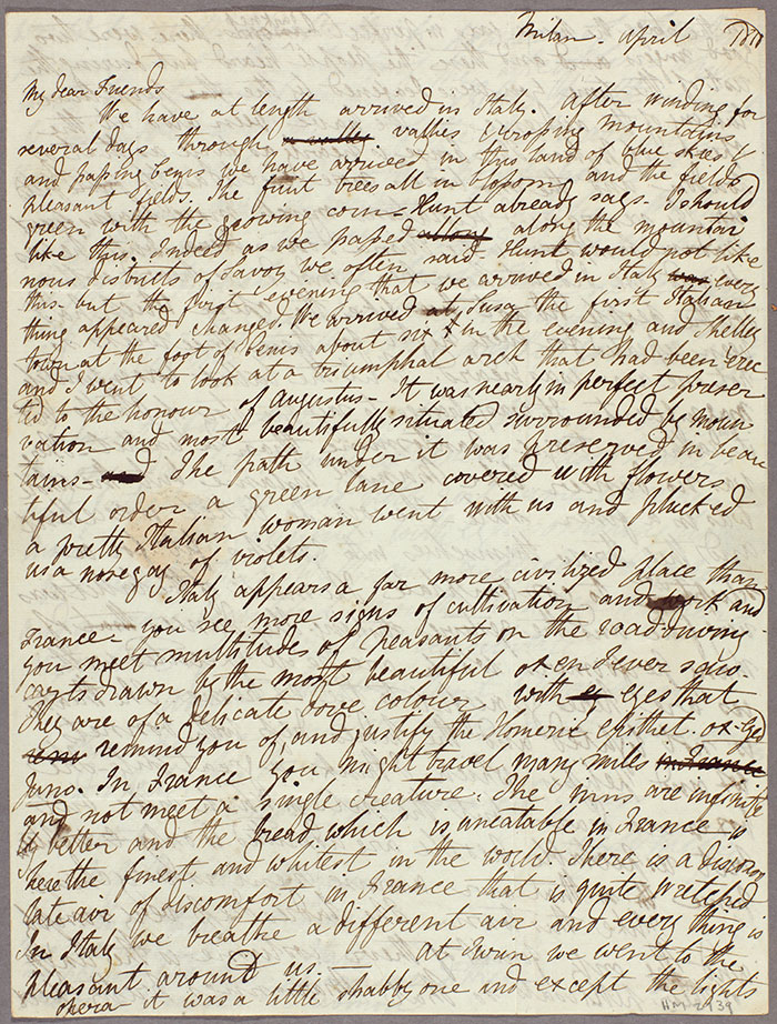 Mary Shelley’s letter to Leigh and Marianne Hunt, April 6–8, 1818.