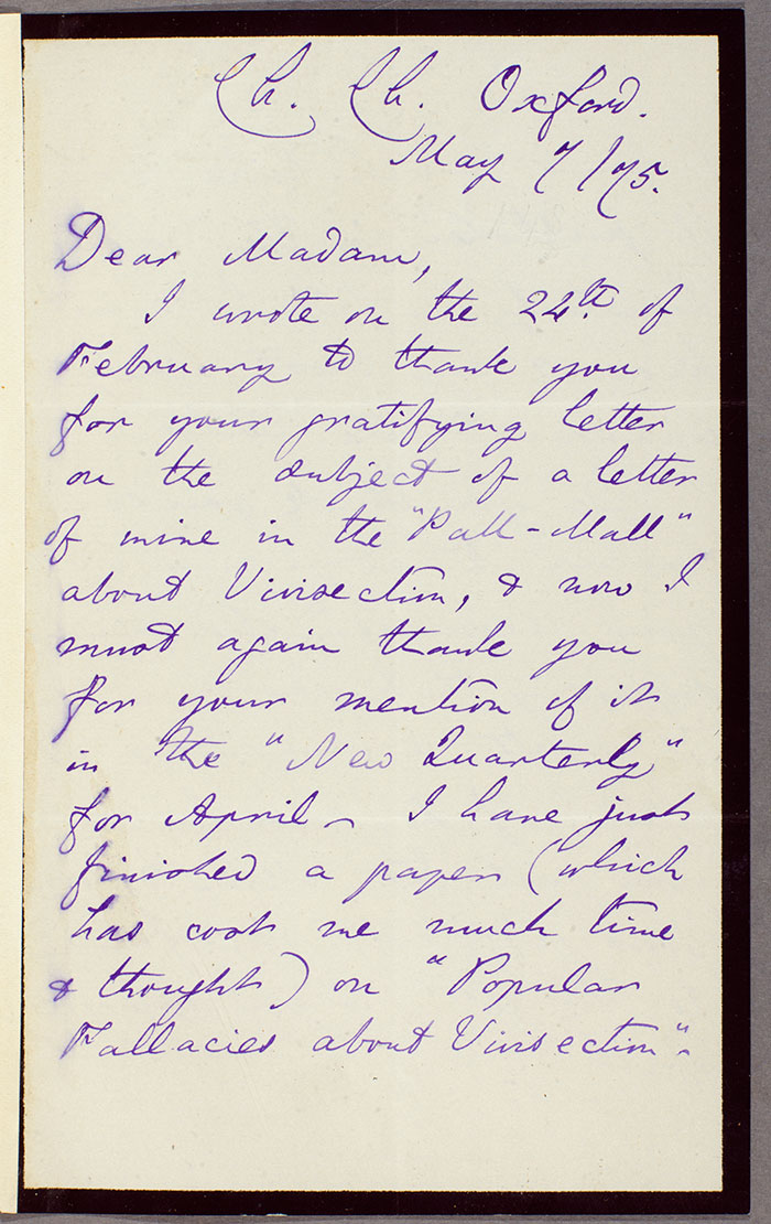 Letter from Charles Lutwidge Dodgson to Frances Power Cobbe (1822–1904), requesting assistance with the publication of an anti-vivisection essay, May 4, 1875. Charles Lutwidge Dodgson (1832–1898) letter to Frances Power Cobbe (1822–1904), May 4, 1875. The Huntington Library, Art Collections, and Botanical Gardens.