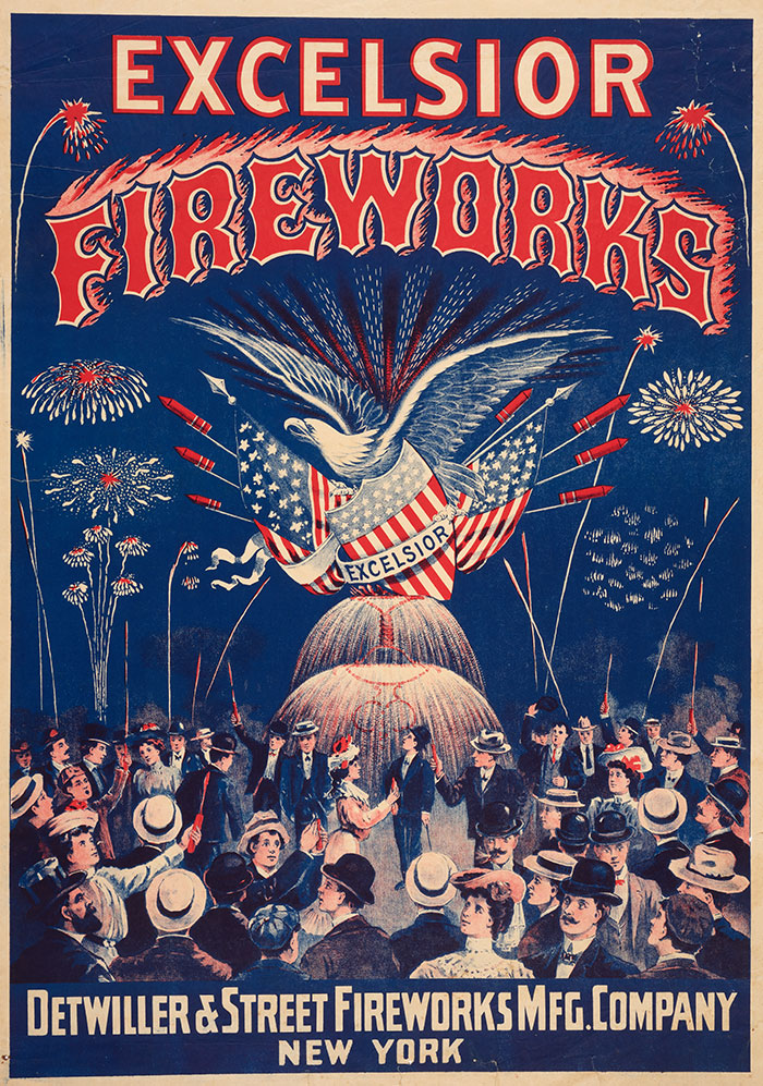 Advertising print for Excelsior fireworks by the Detwiller & Street Fireworks Manufacturing Co. Color lithograph, ca. 1885. Jay T. Last Collection of Graphic Arts and Social History. The Huntington Library, Art Collections, and Botanical Gardens.