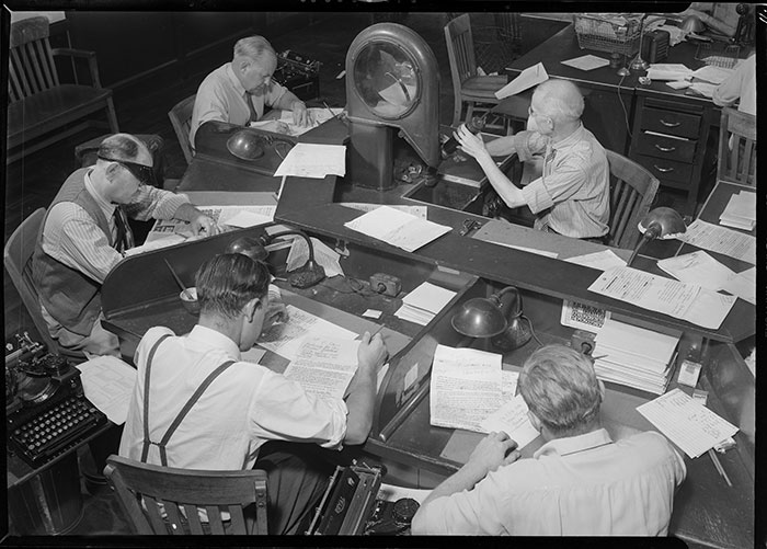 News desks, Los Angeles Times, Los Angeles, 1941. “Dick” Whittington Studio Collection of Negatives and Photographs, 1924–1948. The Huntington Library, Art Collections, and Botanical Gardens.
